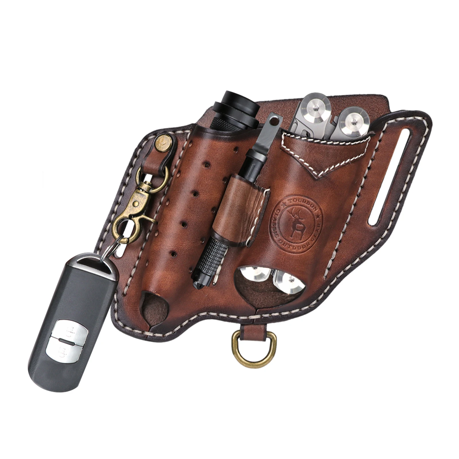 Tourbon cuchillo plegable EDC de cuero con funda y soporte linterna