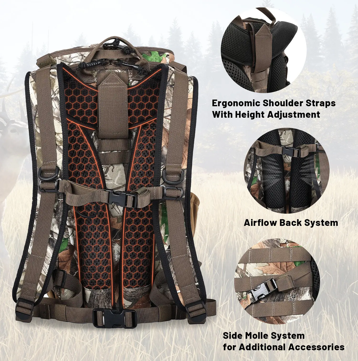 Mochila táctica MOLLE de camuflaje impermeable para caza y airsoft