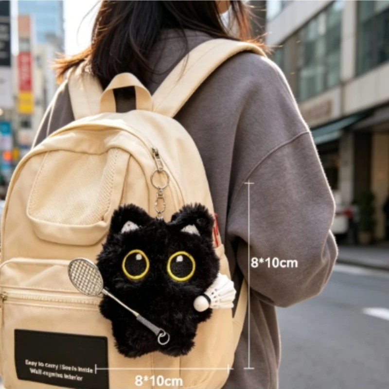 Colgante peluche gato negro bádminton – Llavero amuleto bonito para bolso - imagen 3