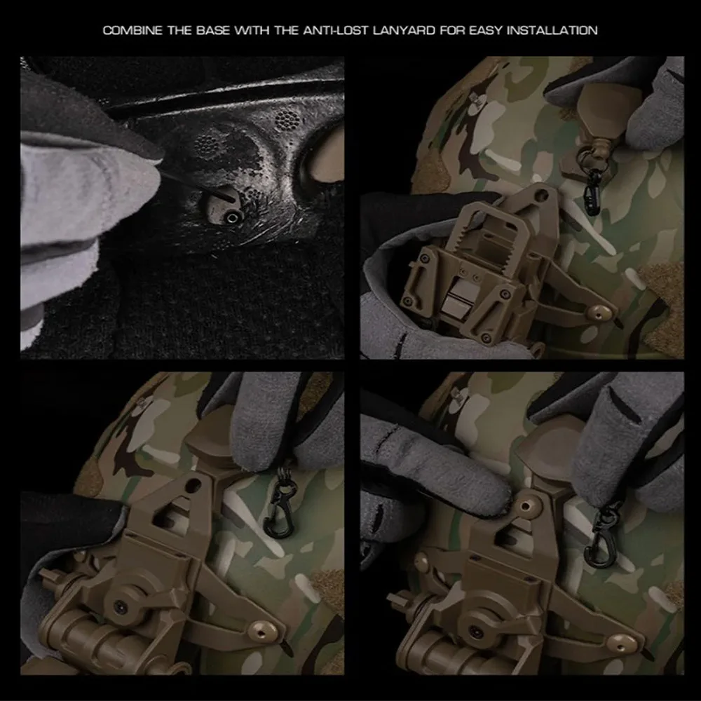 Vista lateral del conjunto casco con visor NVG y cuerda de seguridad