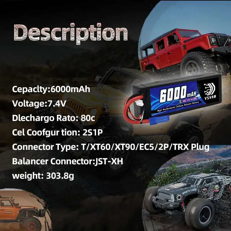 VSVAW Batería LiPo 2S 7,6V 65C EC5 Coche RC 1/10 - imagen 3
