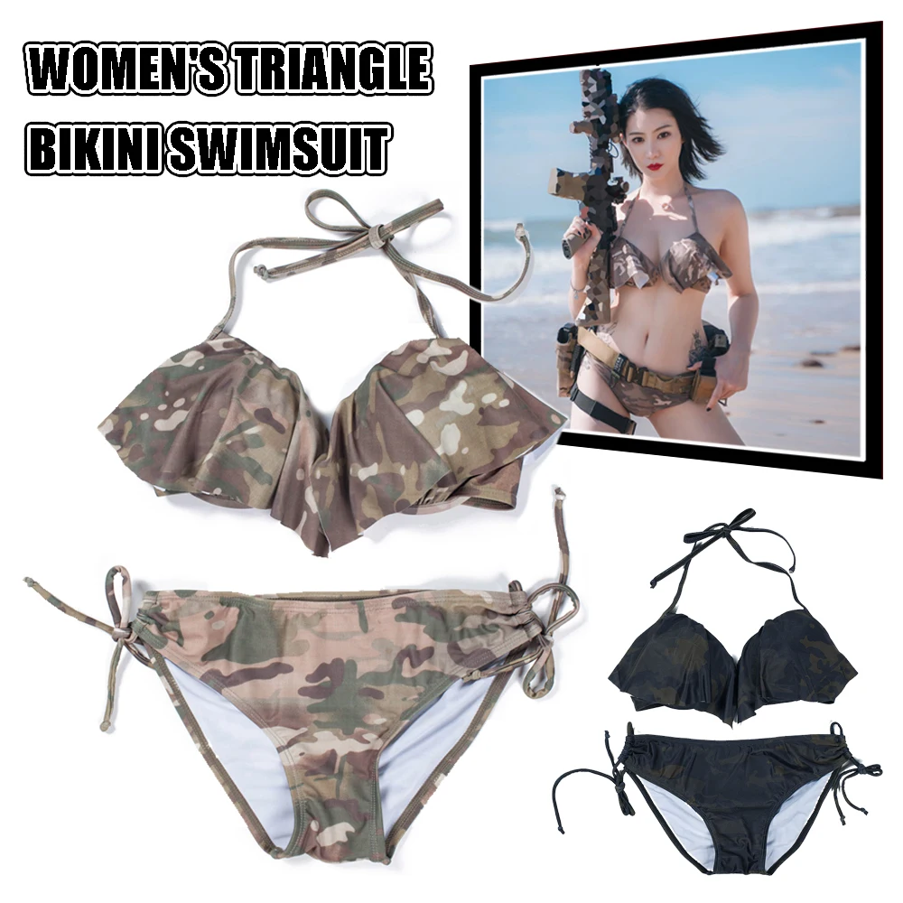 Bikini camuflaje triangular mujer con halter y tiras ajustables - imagen 3