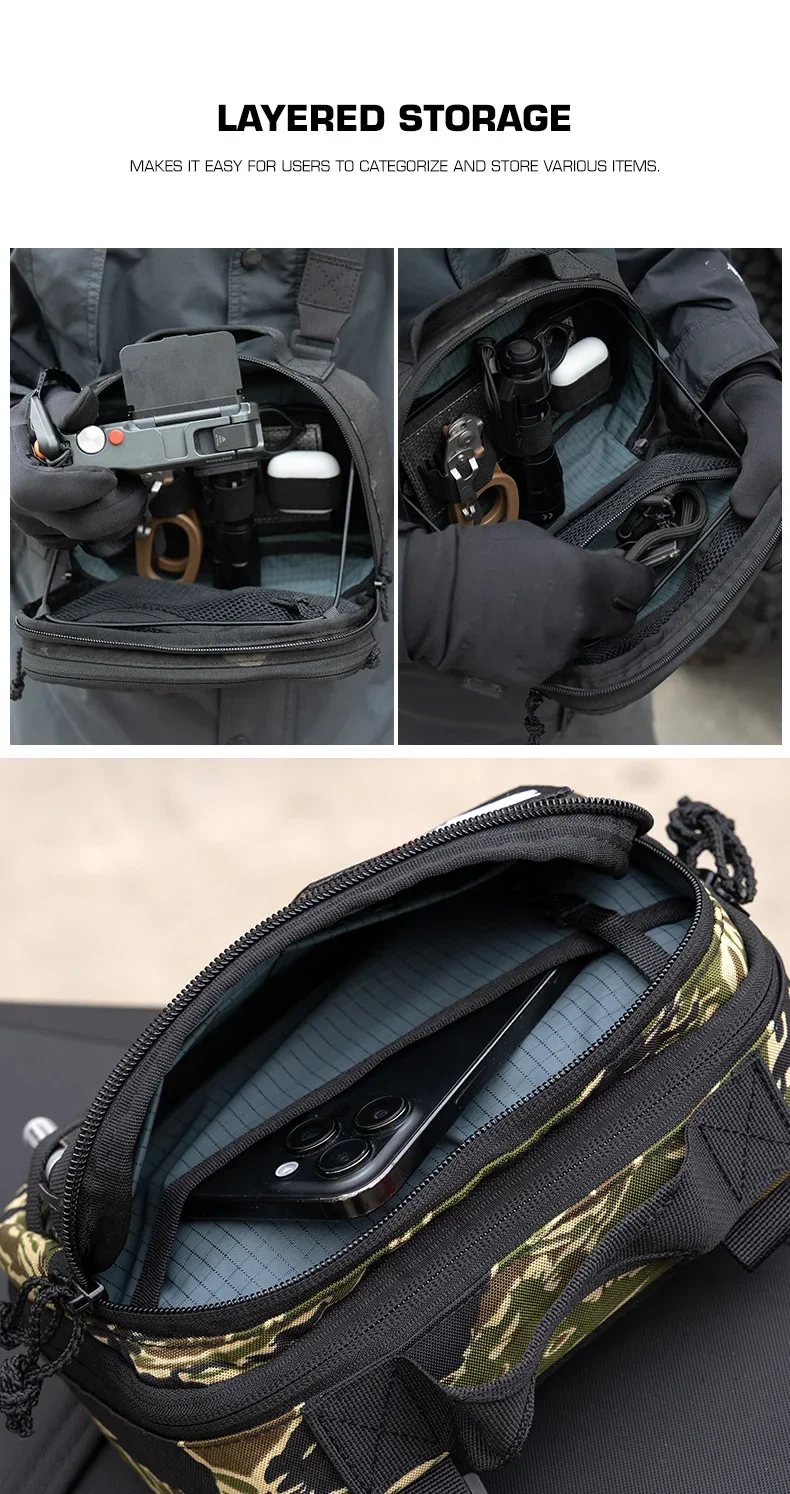 Bolso táctico EDC colgado en entorno urbano mostrando su perfil compacto y funcional