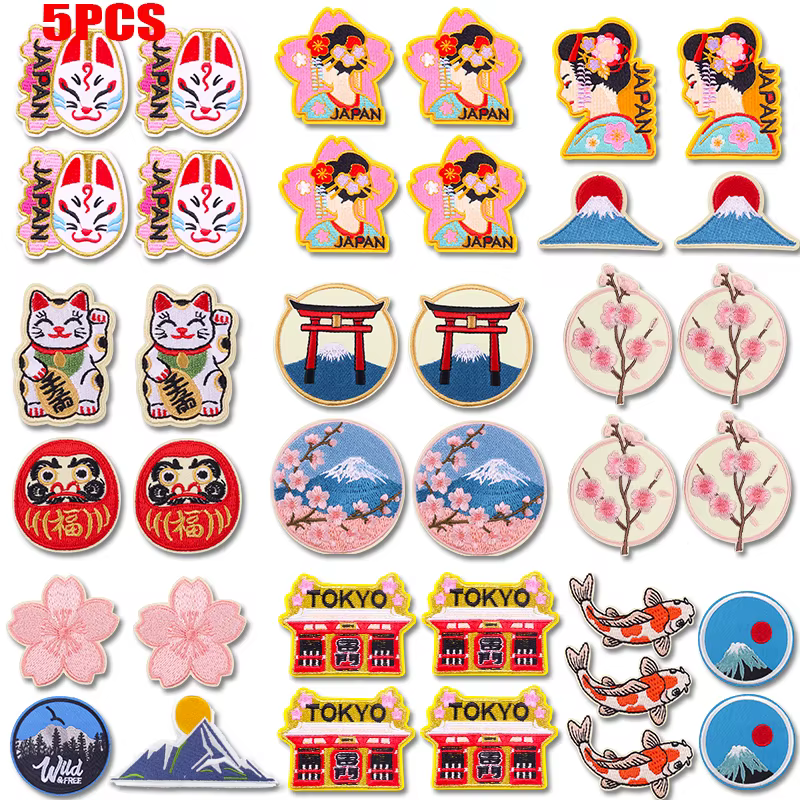 Pack de 5 parches bordados anime japones flores de cerezo y Monte Fuji