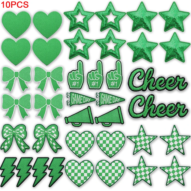 Parches termoadhesivos de lentejuelas verdes con estrellas y corazones