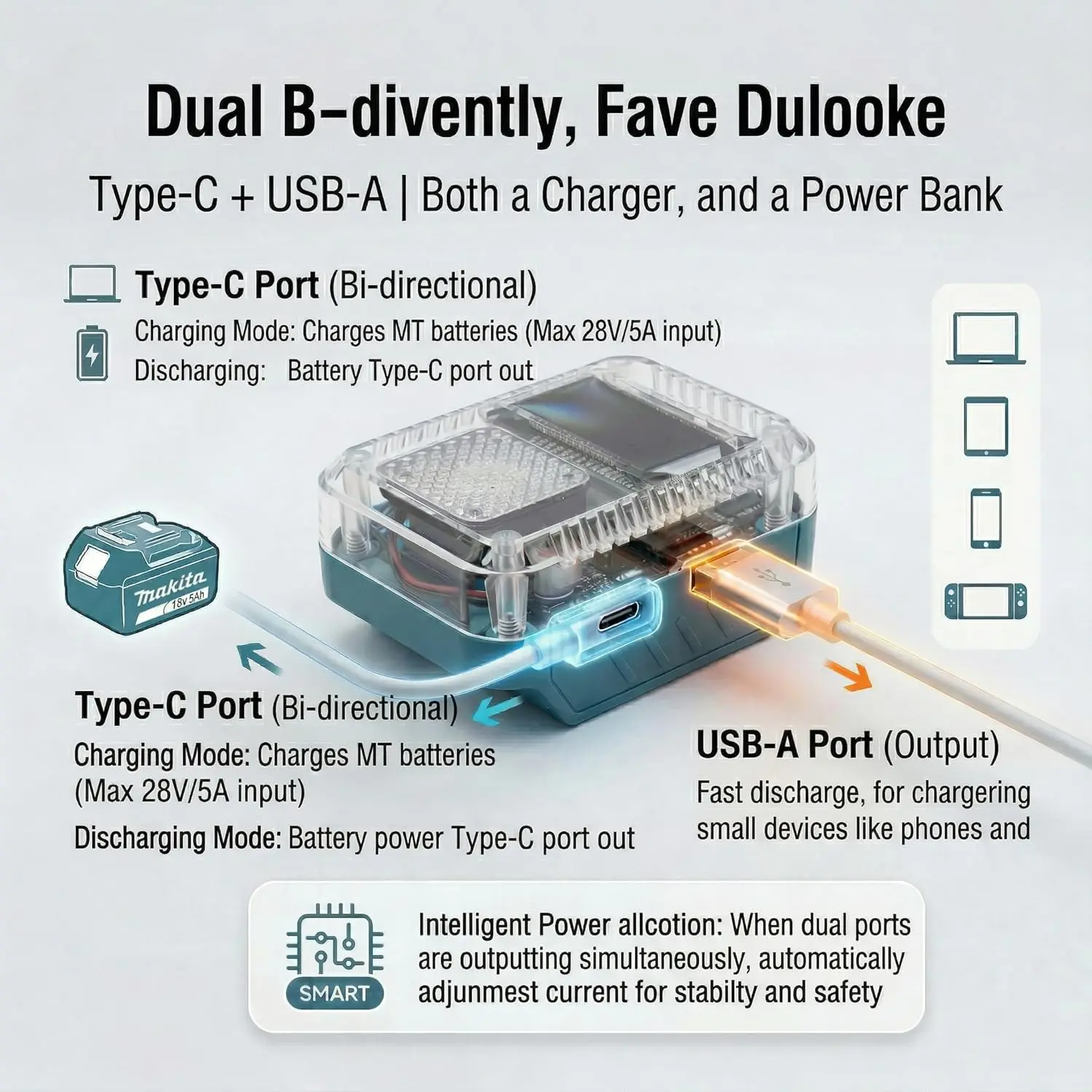 Adaptador batería Milwaukee/Makita/DeWalt/Bosch USB-C y USB-A con LED - imagen 3