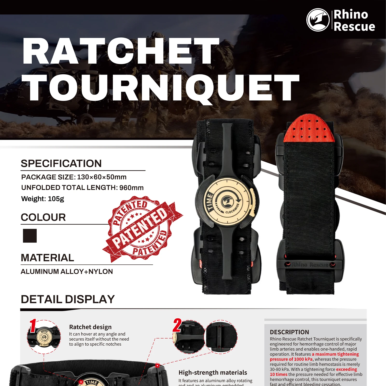Torniquete de trinquete RHINO RESCUE con diseño de molinete