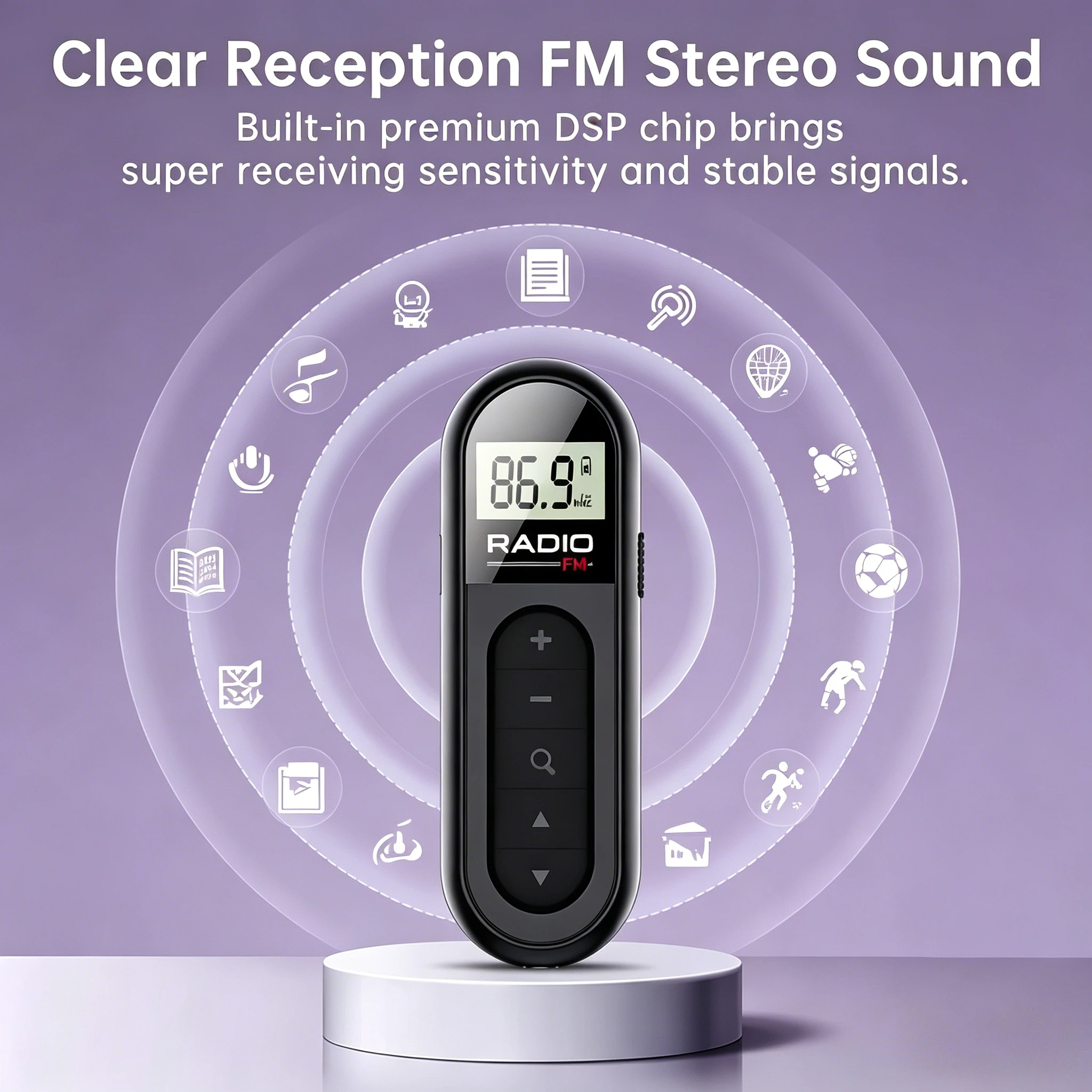Radio FM portátil recargable con clip, pantalla LCD y auriculares - imagen 2