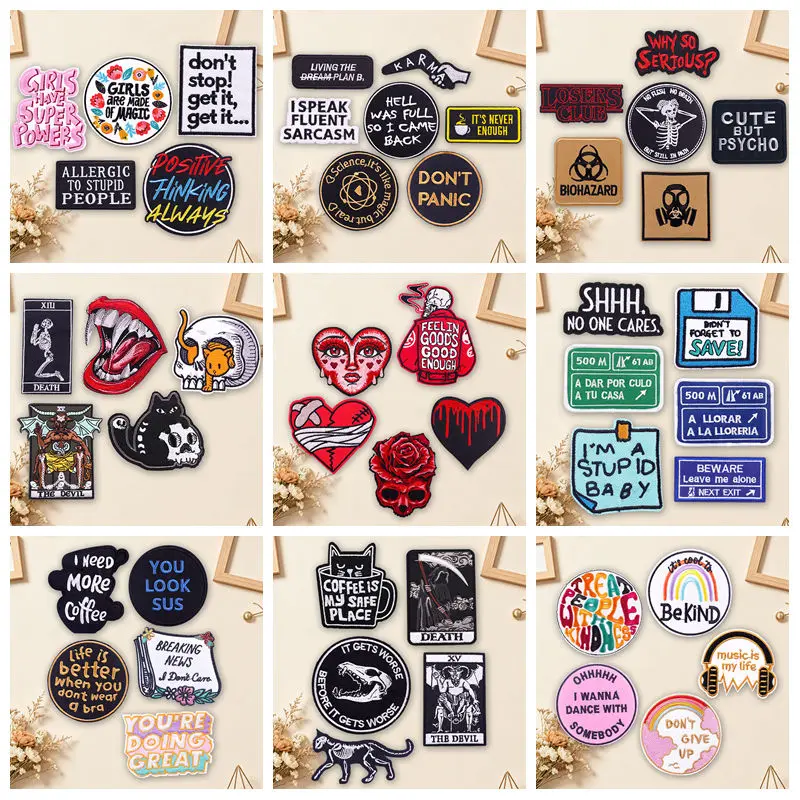 Parches bordados góticos con corazón sangrante y esqueleto