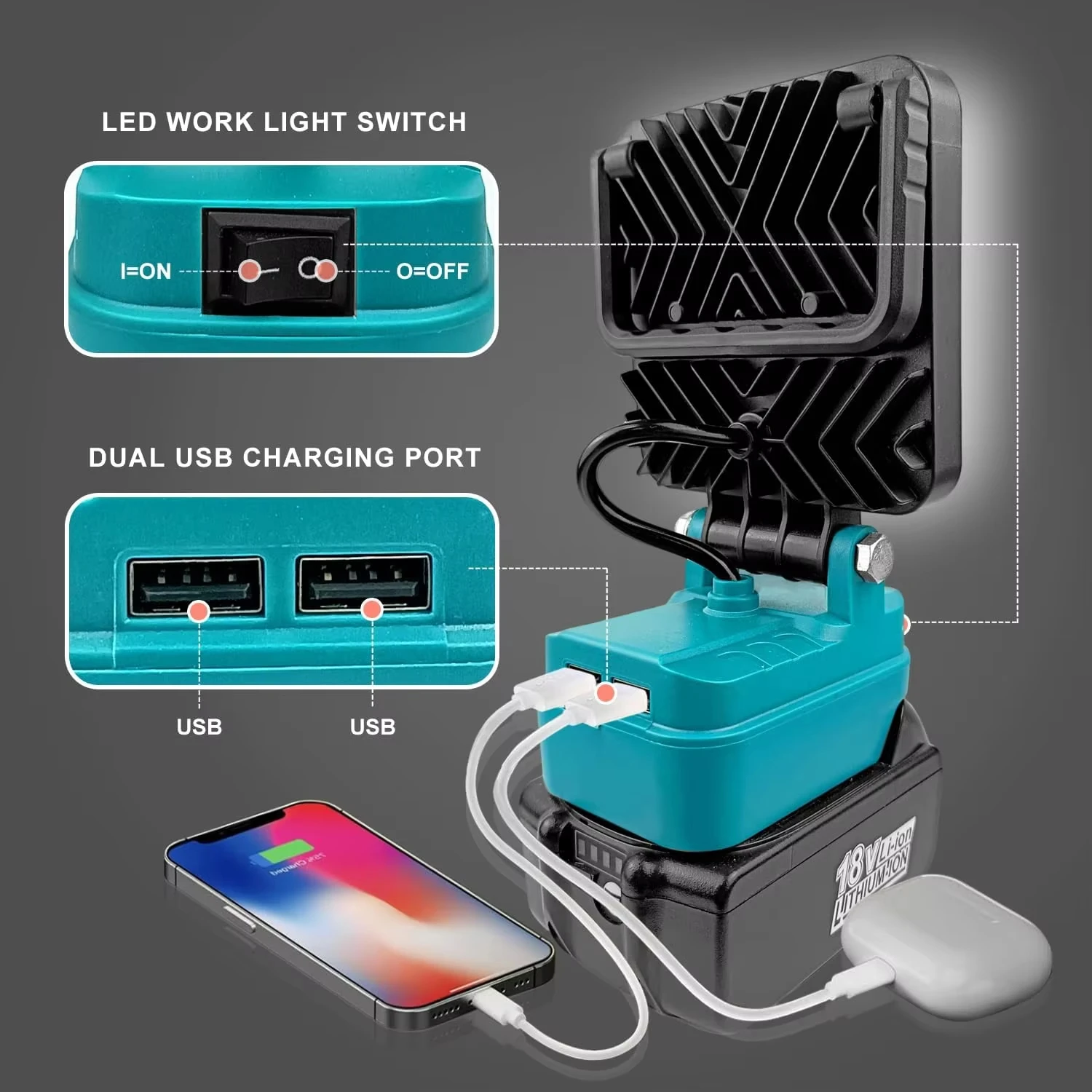 Lámpara de trabajo LED portátil compatible Makita Milwaukee Dewalt - imagen 4