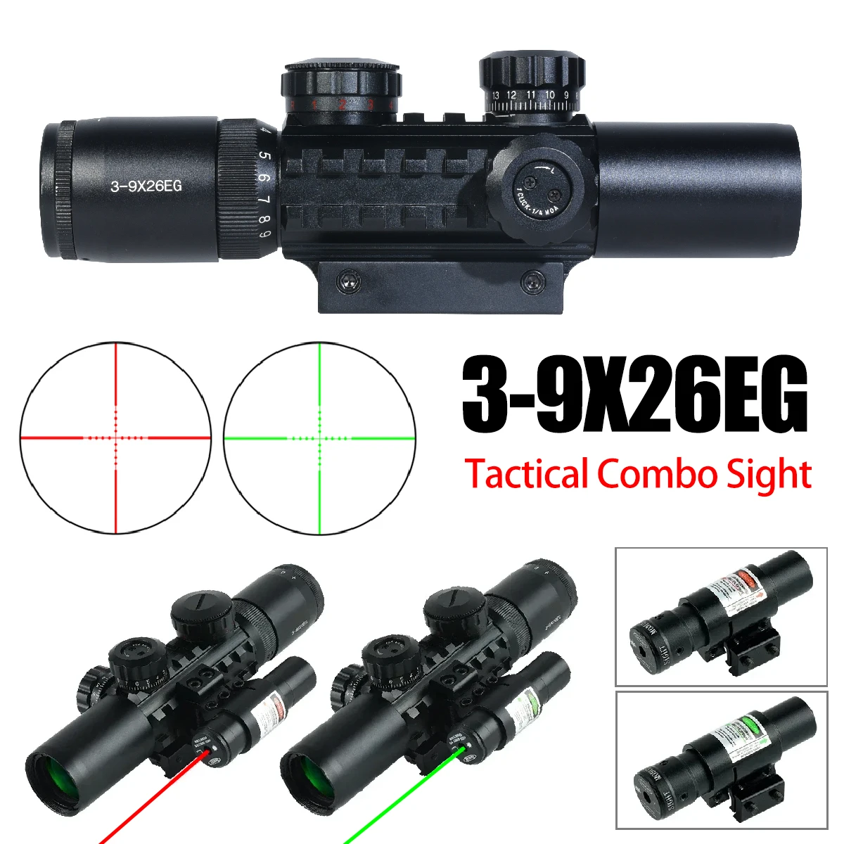 Mira telescópica 3-9x26 con láser rojo/verde para Airsoft y caza - imagen 2