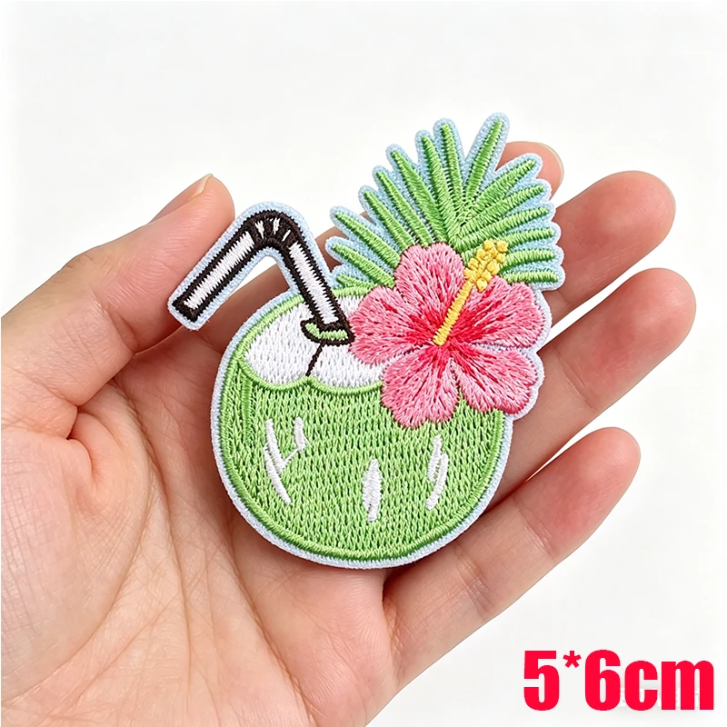 Parches termoadhesivos bordados estilo tropical coco, concha y flores
