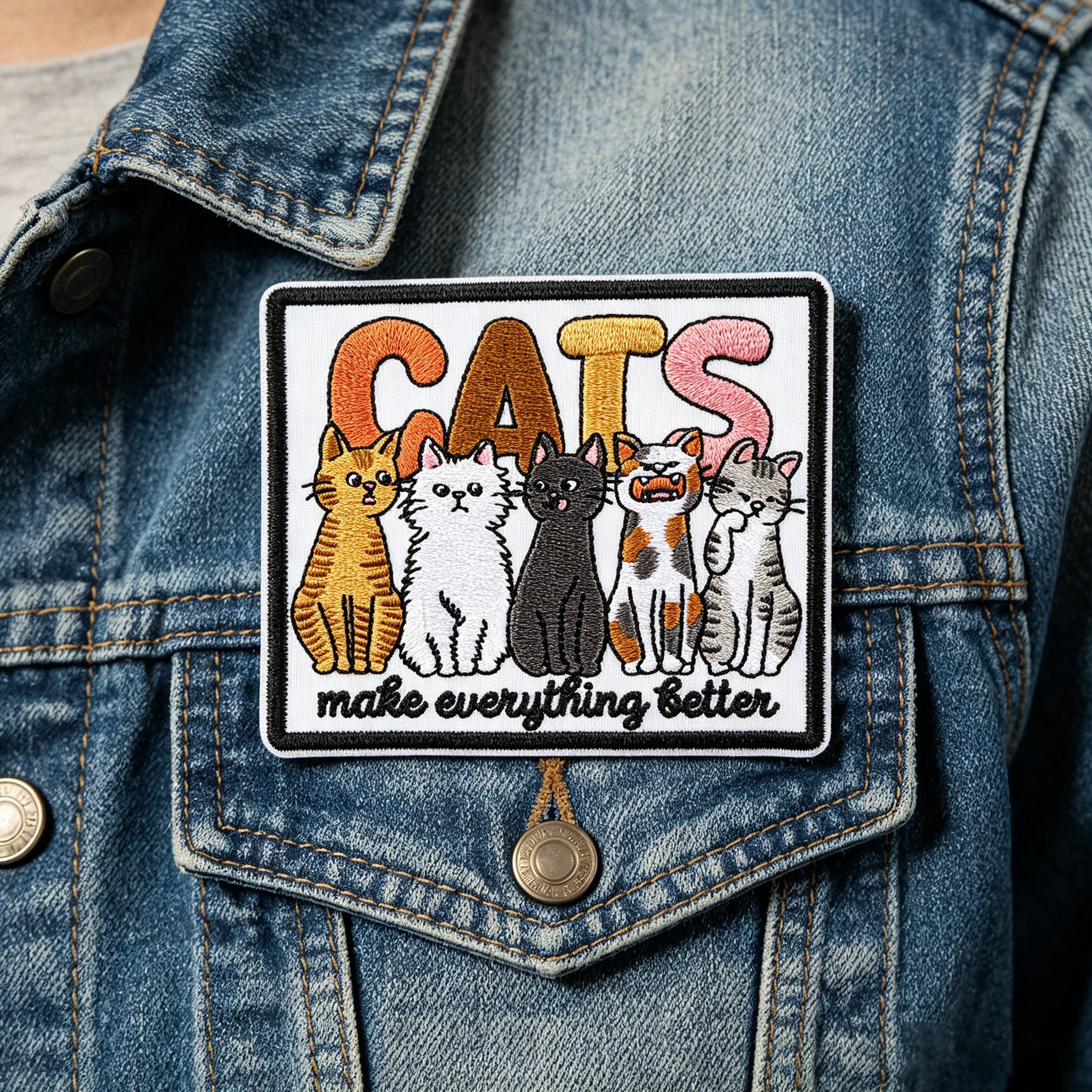 Parche bordado termoadhesivo gatos lo mejoran todo para ropa y gorra - imagen 4