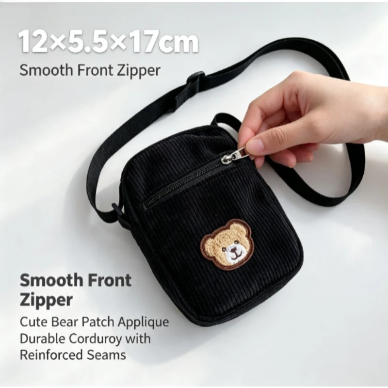 Bolso bandolera de pana con oso para móvil y monedas - imagen 3