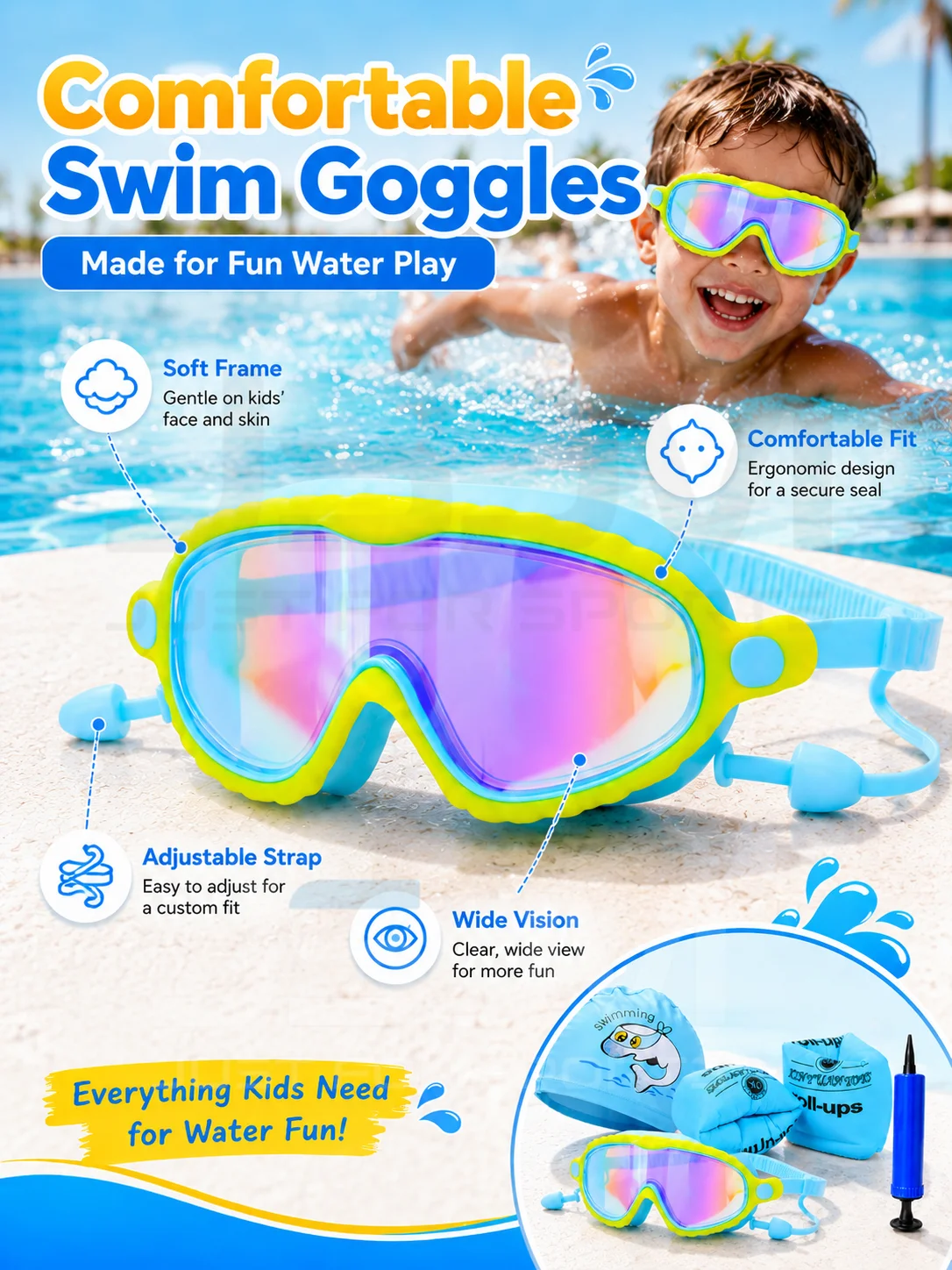 Set natación infantil completo: gafas, gorro, alas y flotadores - imagen 3
