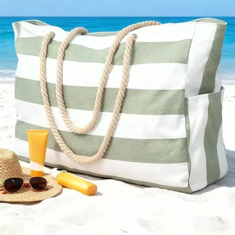 Bolsa playa algodón rústico rayas, hombro portátil para viaje - imagen 2