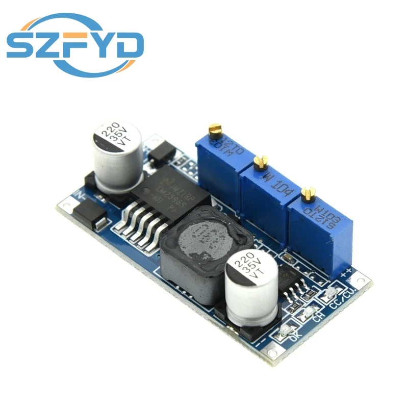 Vista frontal del módulo LM2596 con sus bornes IN+/IN‑ y OUT+/OUT‑