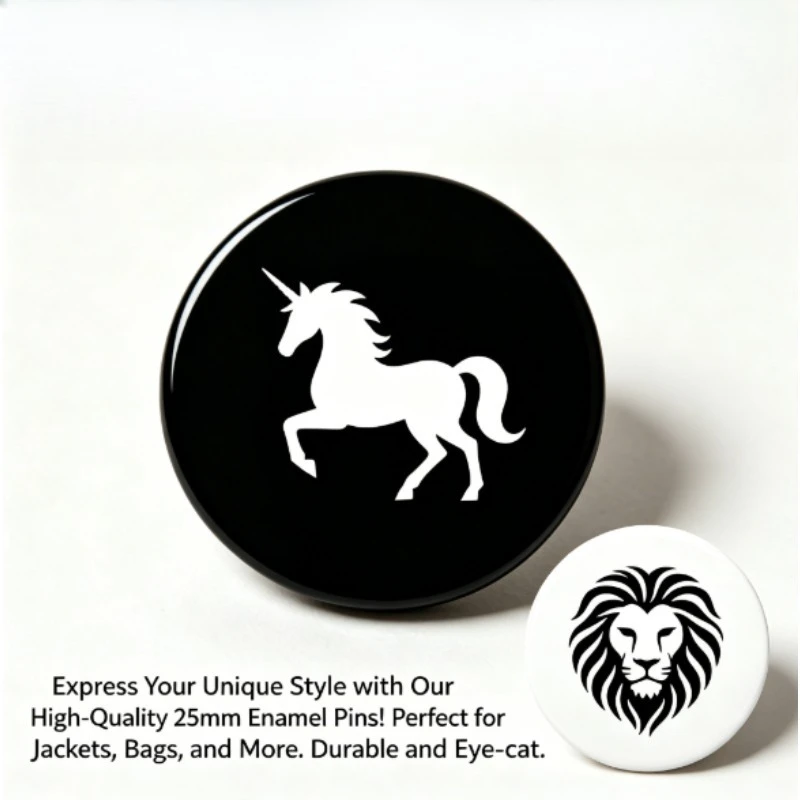 Broche de solapa pin redondo unicornio negro y león blanco minimalista