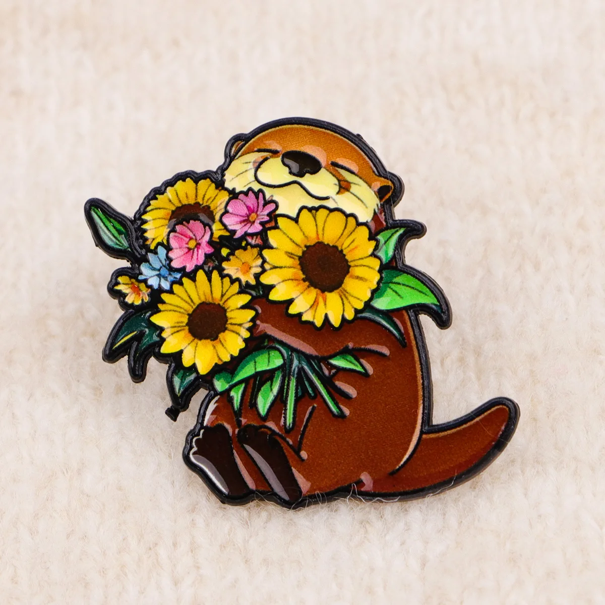 Pin esmalte nutria y girasoles – Broche metálico para ropa y sombrero