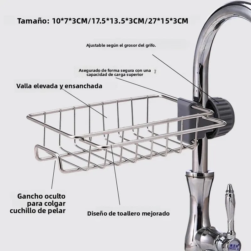 Soporte acero inoxidable para grifo de cocina con cesta escurridora