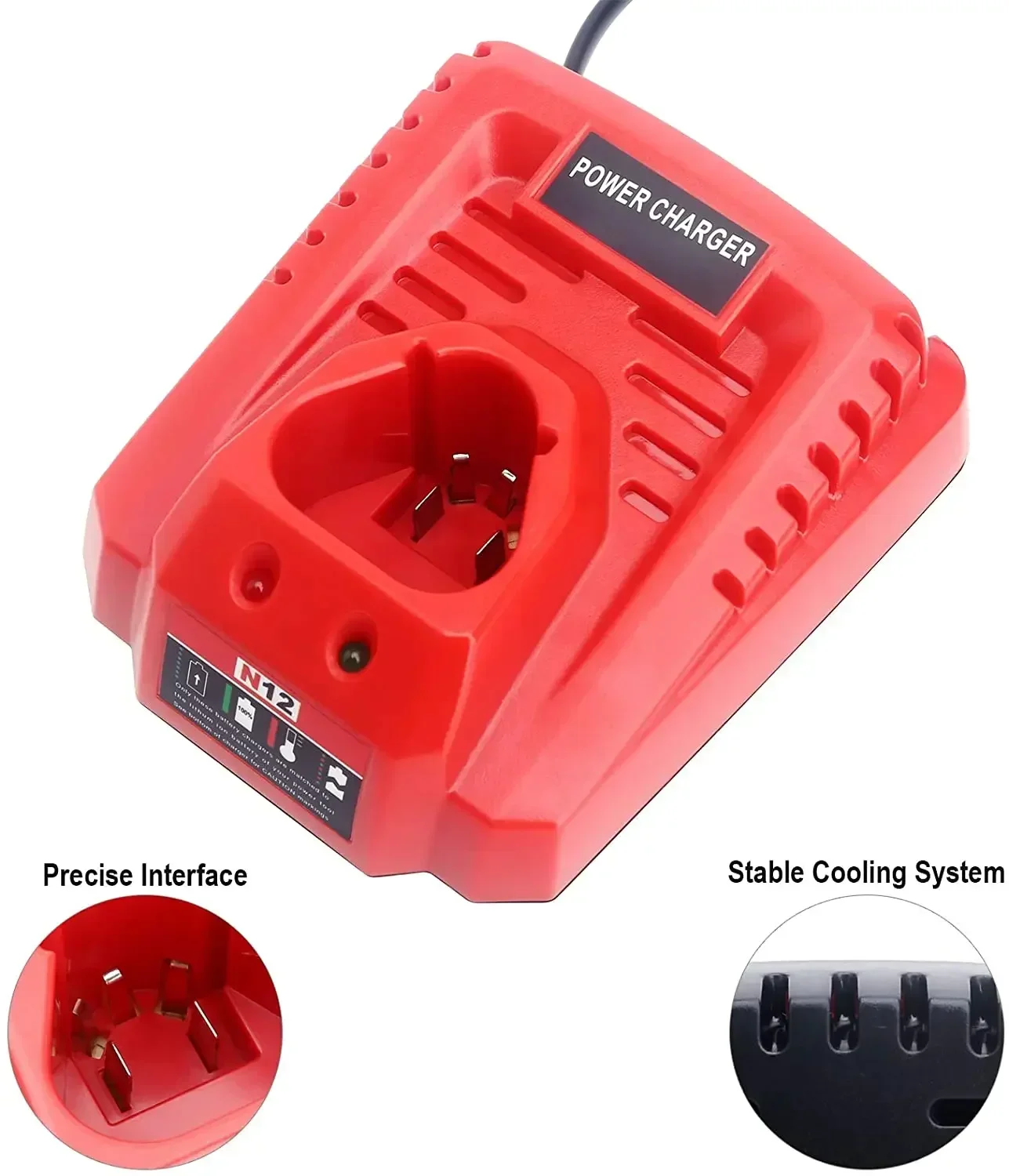Vista frontal del cargador rojo con indicadores LED