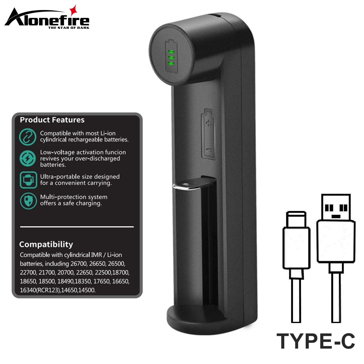 Cargador USB C1 de Alonefire vista frontal con linterna
