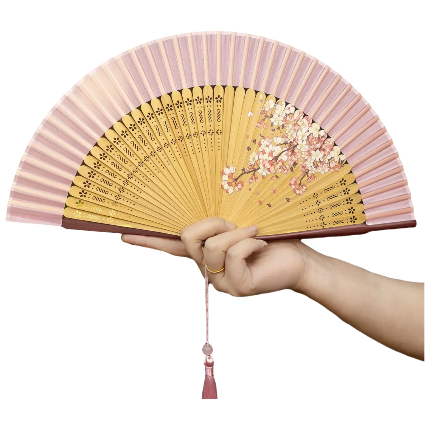 Abanico plegable de seda estilo oriental antiguo portátil con flecos - imagen 5