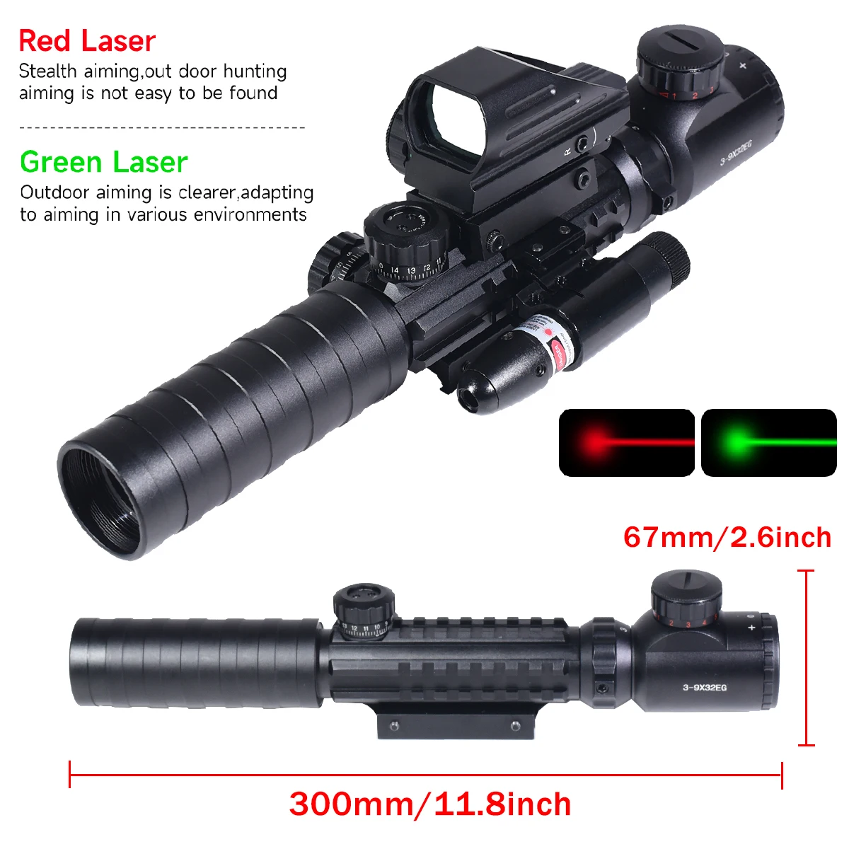 Mira táctica 3-9x32 con láser rojo y verde y 4 retículas - imagen 3