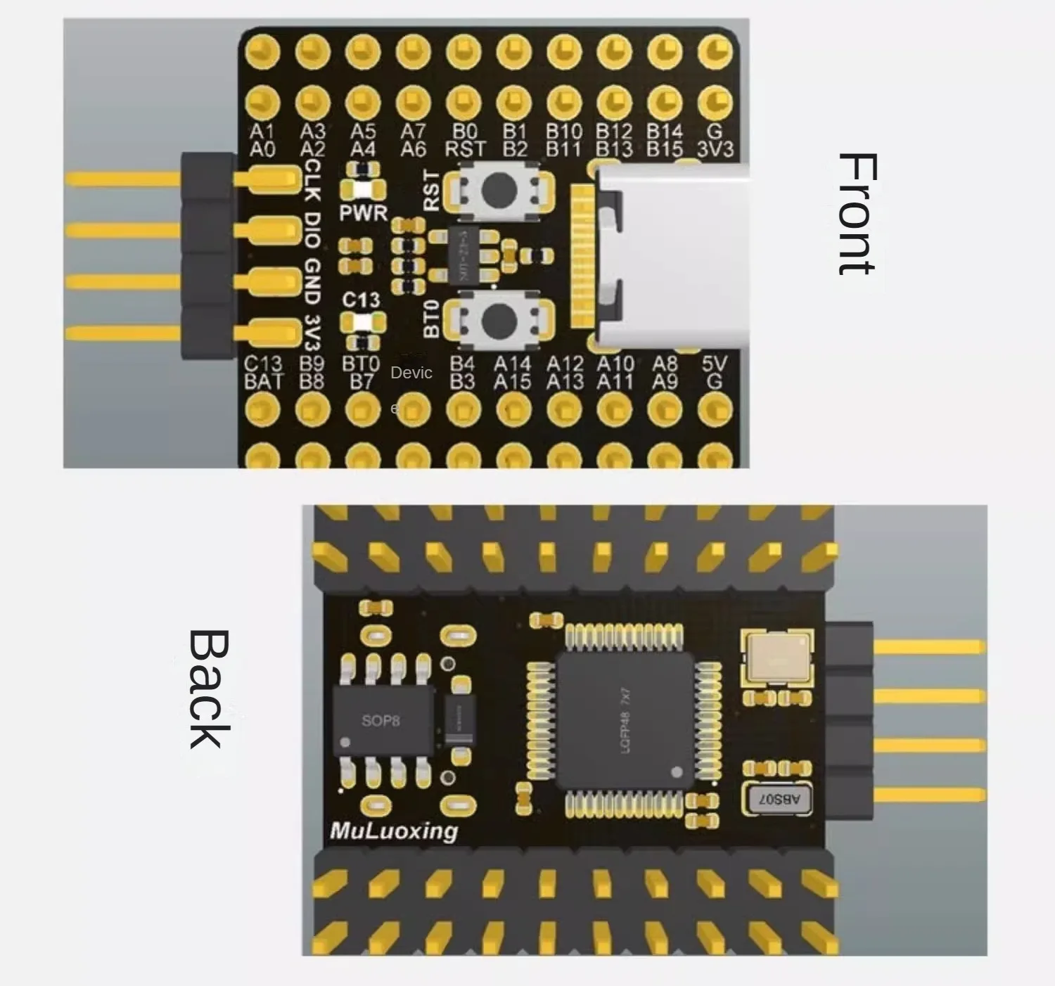 Vista de la placa STM32F103C8T6 con CH340