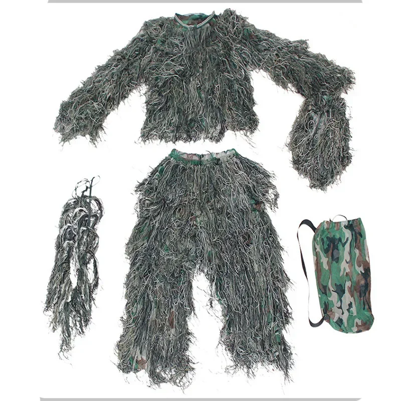 Traje Ghillie táctico 3D de hierba militar con pantalón y funda