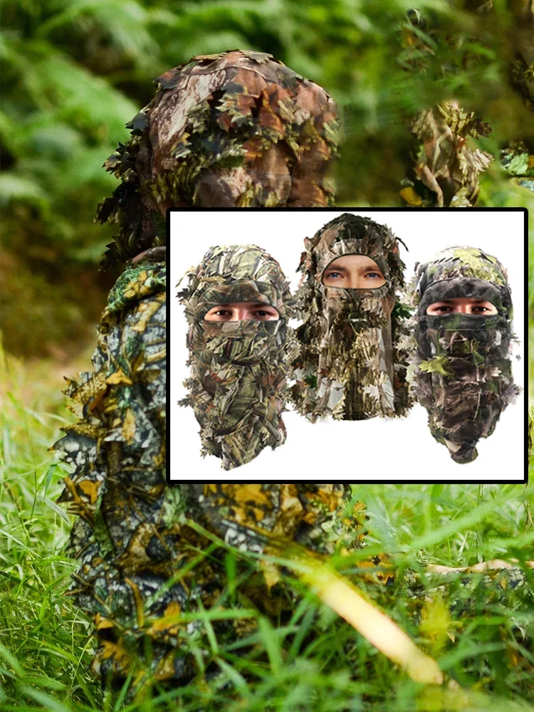 Vista frontal del sombrero Ghillie mostrando las hojas 3D y la máscara facial