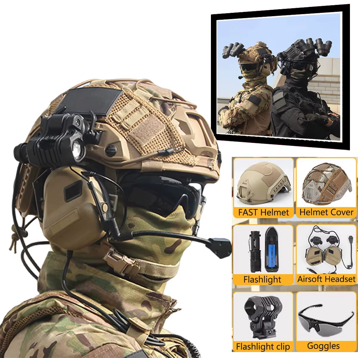 Casco táctico airsoft con goggles y linterna – Kit protección