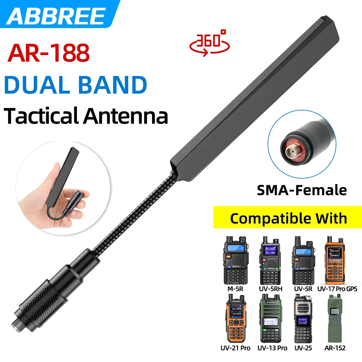 ABBREE AR-188 Antena SMA hembra 144/430MHz para Baofeng UV-5R