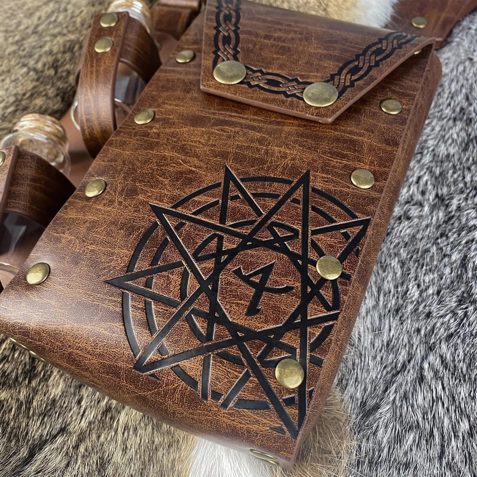 Bolsa cinturón medieval cuero sintético con frascos corcho poción - imagen 3