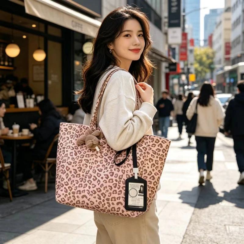 Bolso de hombro lona leopardo rosa gran capacidad versátil - imagen 4