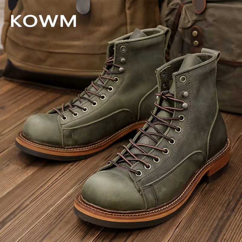 KOWM Botas de senderismo en cuero para hombre con suela gruesa