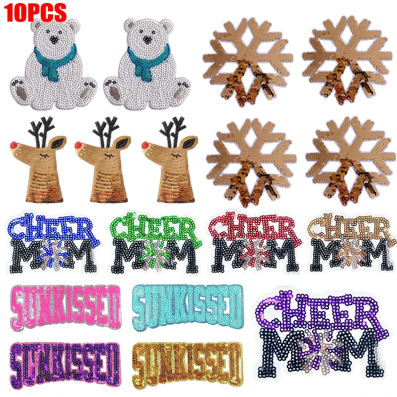 Pack de 10 parches con lentejuelas de oso polar, ciervo, copo de nieve y letras