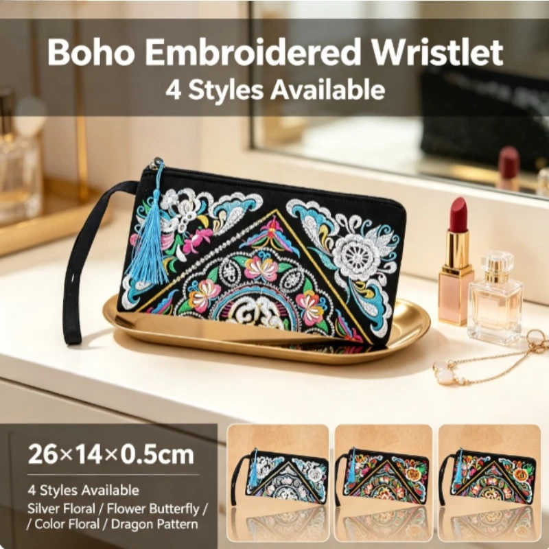 Cartera de mano bordada étnica con gran capacidad y cierre retro - imagen 4