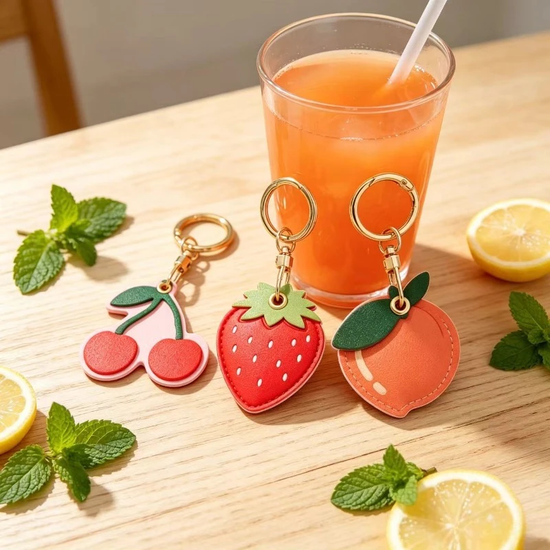 Llavero de cuero cereza-fresa colgante decorativo para llaves - imagen 3