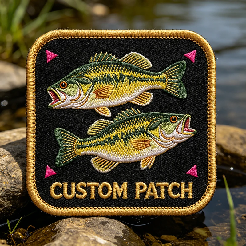 Parche bordado de pez bass en detalle