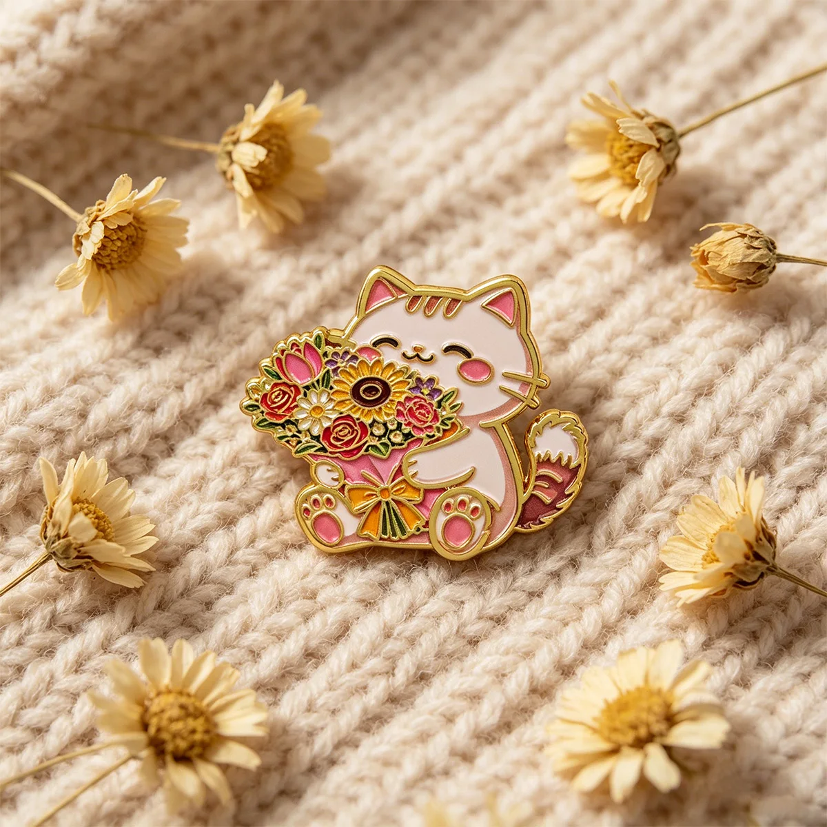 Pin esmaltado de gato y flor para mochila y sombrero - imagen 3