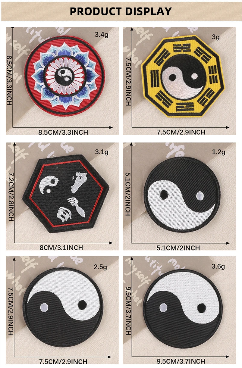 Parche Yin-Yang bordado aplicado en diferentes prendas