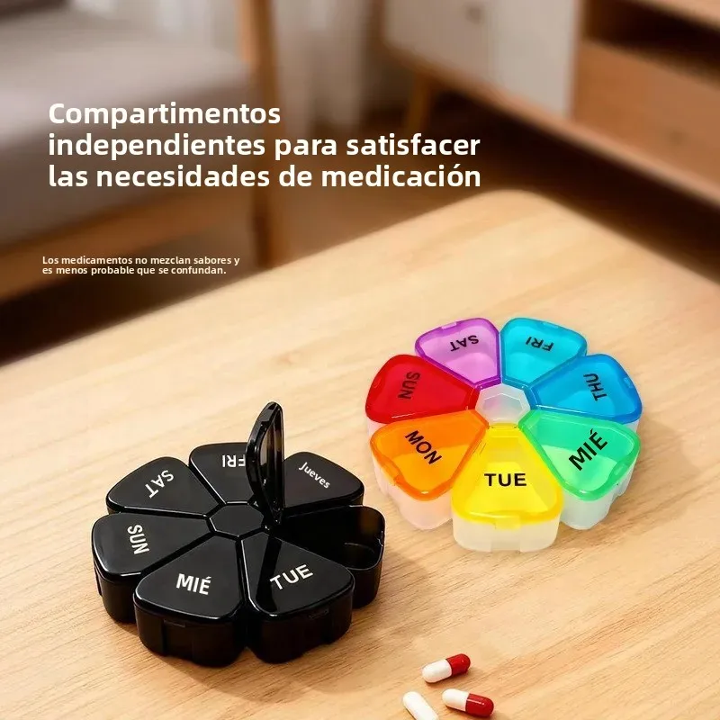 Caja de medicamentos transparente diseño pétalos arcoíris semanal