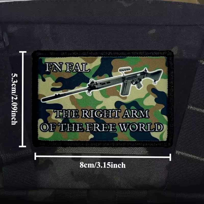 Vista del empaque y tamaño real del parche FN FAL