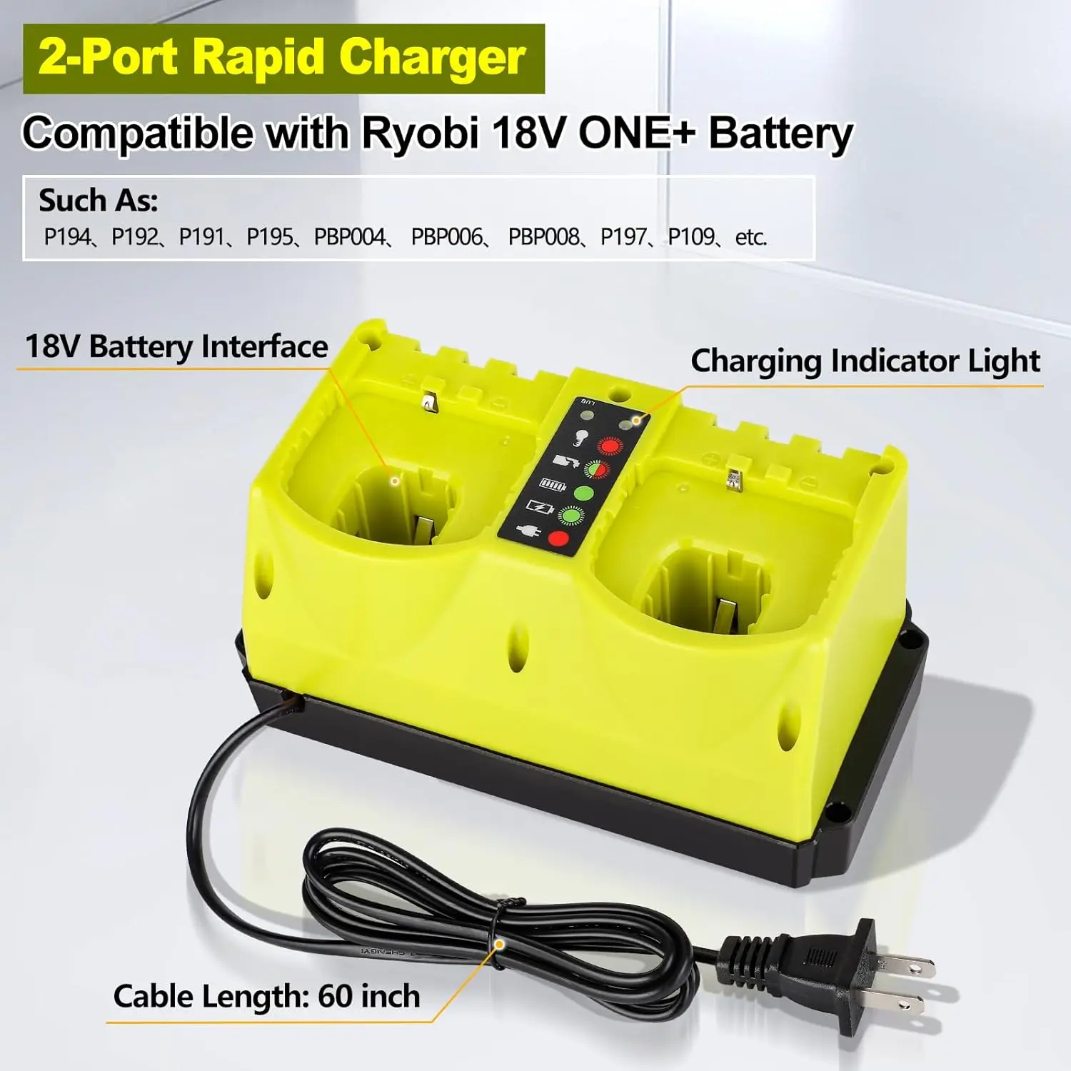 Cargador rápido Ryobi 18V para herramientas; batería no incluida