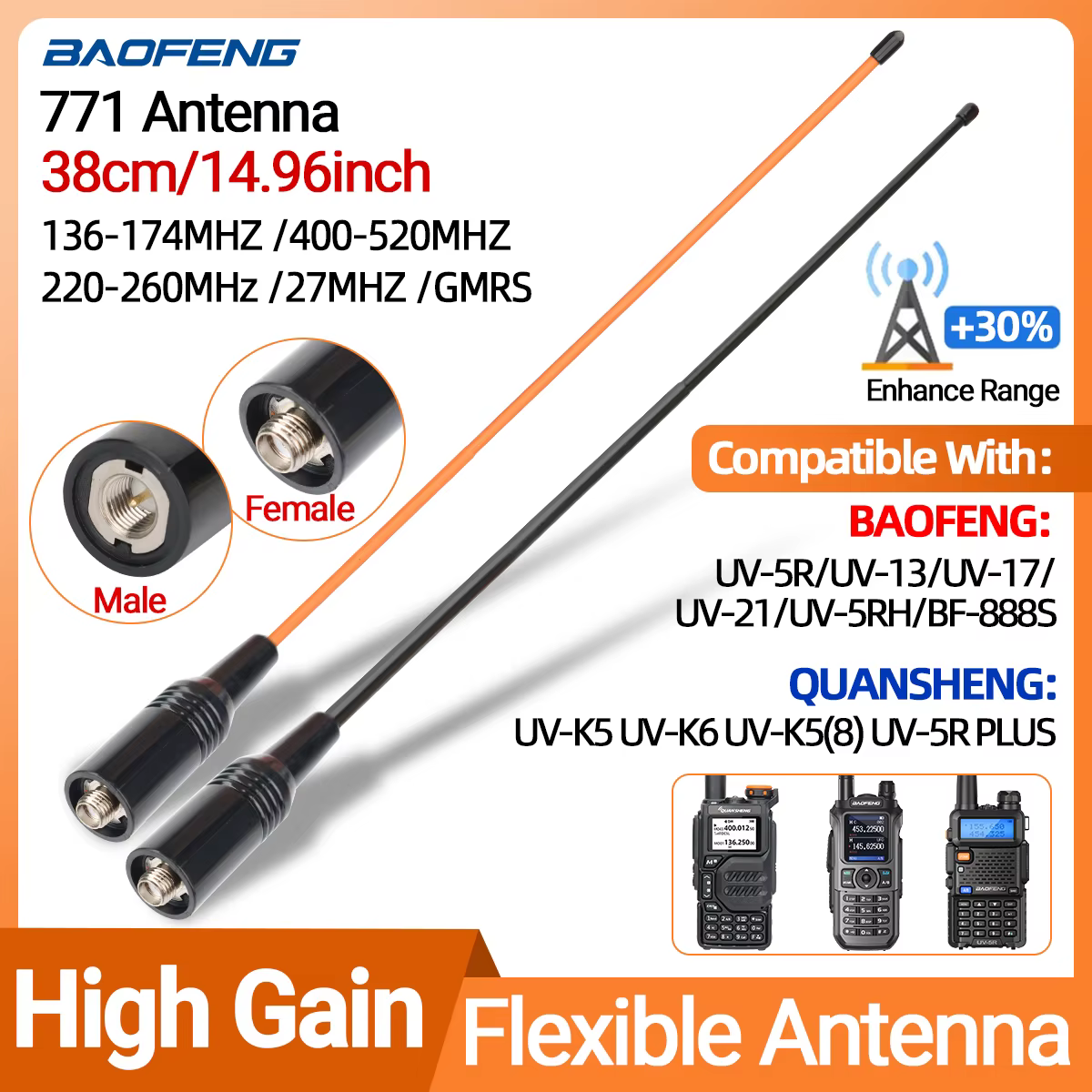 Antena SMA BaoFeng VHF UHF tri-band para UV-5R UV-82 UV-9R