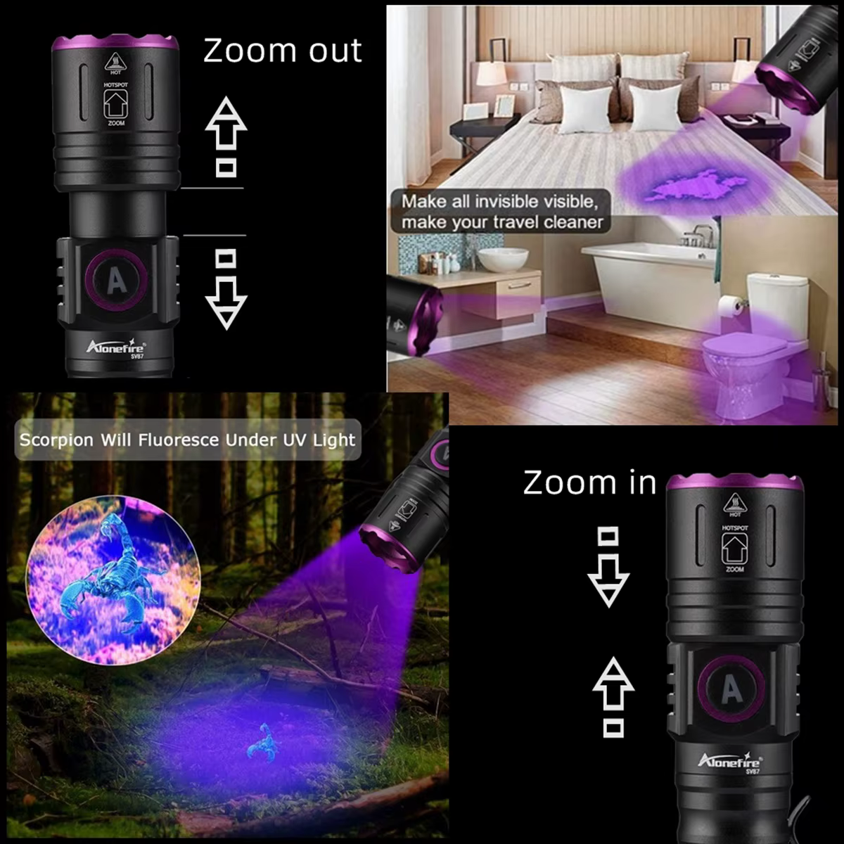 Linterna táctica UV LED zoom 395nm – Alta potencia luz ultravioleta - imagen 4