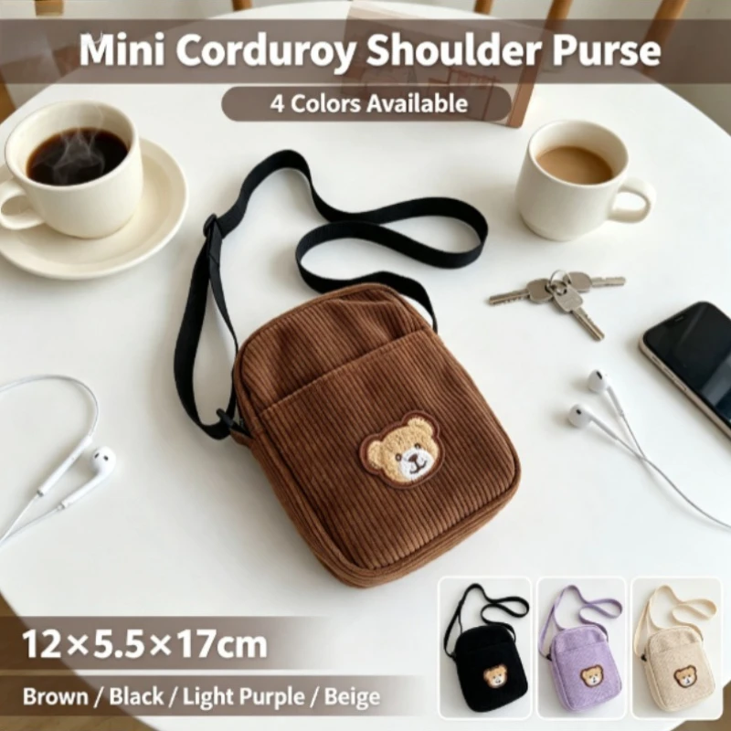 Bolso bandolera de pana con oso para móvil y monedas - imagen 2