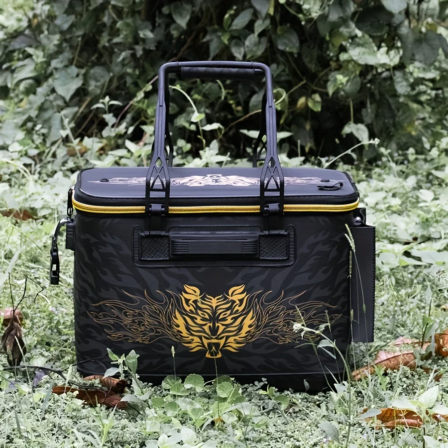 Caja de pesca resistente negra con diseño dragón dorado estanca