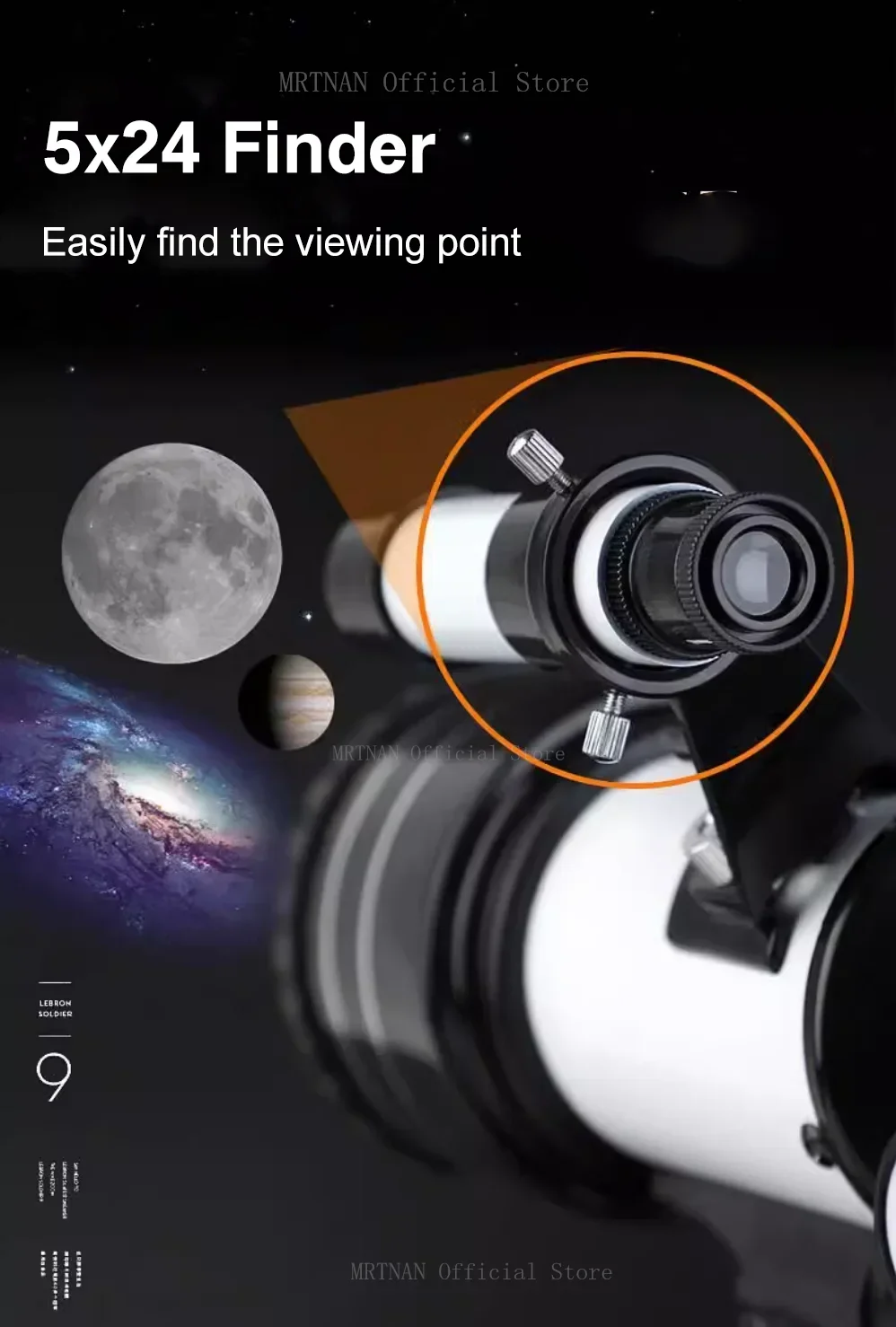 Vista lateral del telescopio con adaptador para teléfono móvil